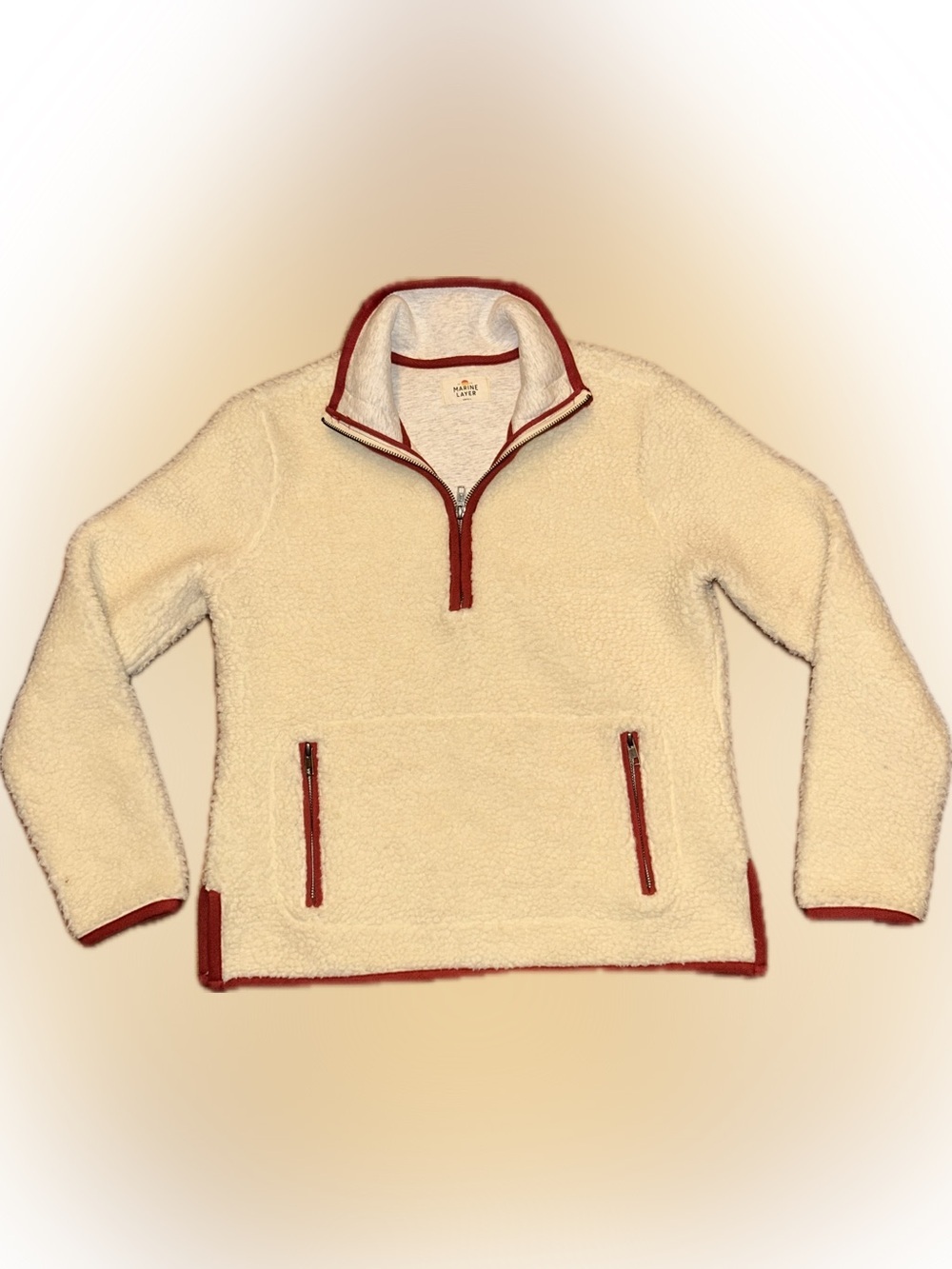 Marine Layer Corbet Cream Sherpa Teddy 1/4 Zip Sweater Jacket Red Orange Trim S - Picture 6 of 9